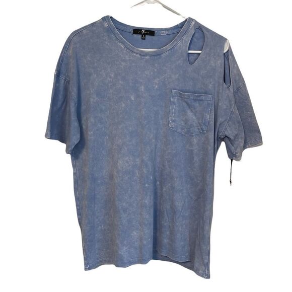 7 FOR ALL MANKIND Blue Distressed Short Sleeves Cotton Top.Size S - Picture 3 of 9